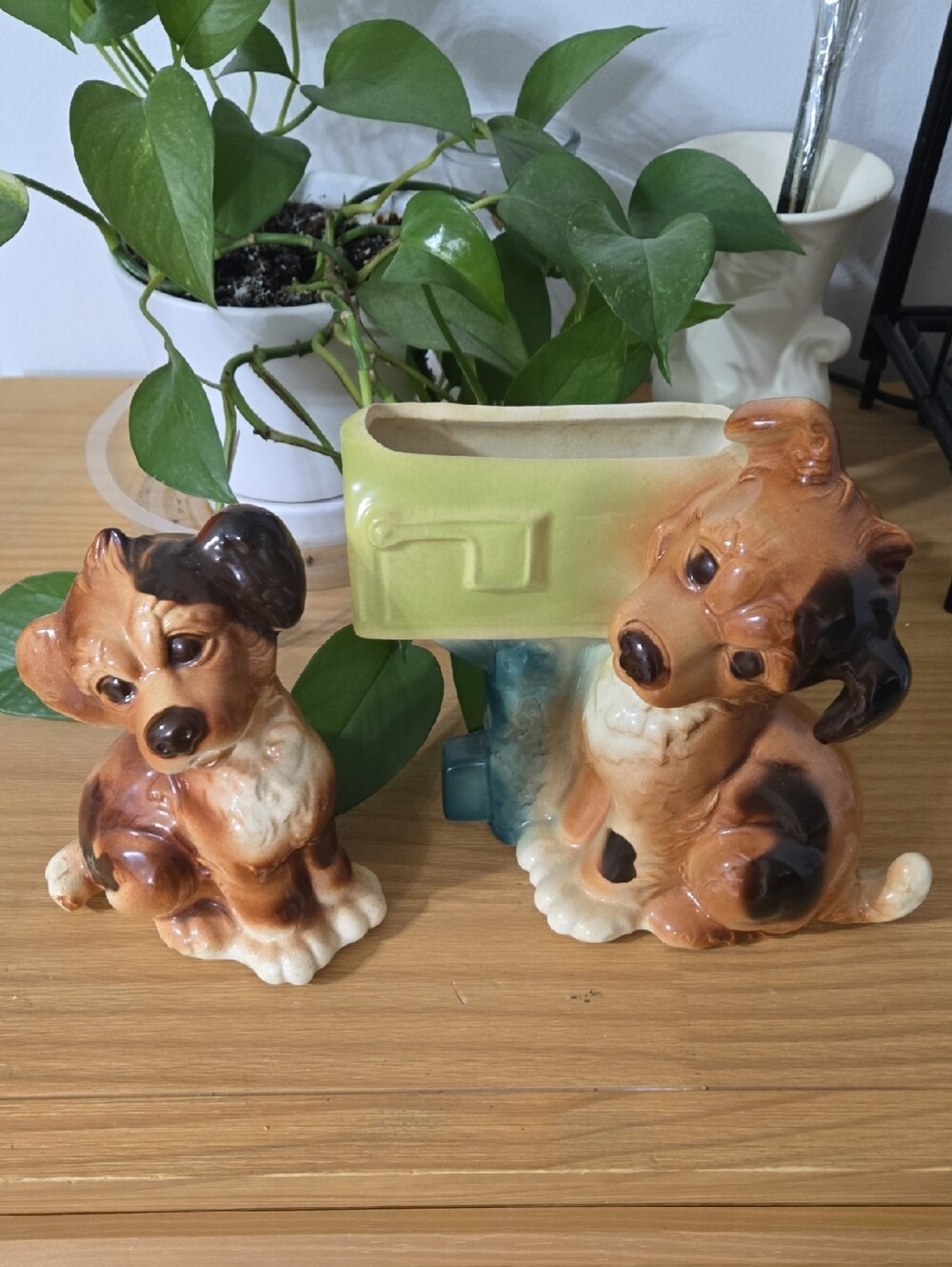 Vintage Royal Copley Ceramic Dog And Mailbox Planter Set In EUC